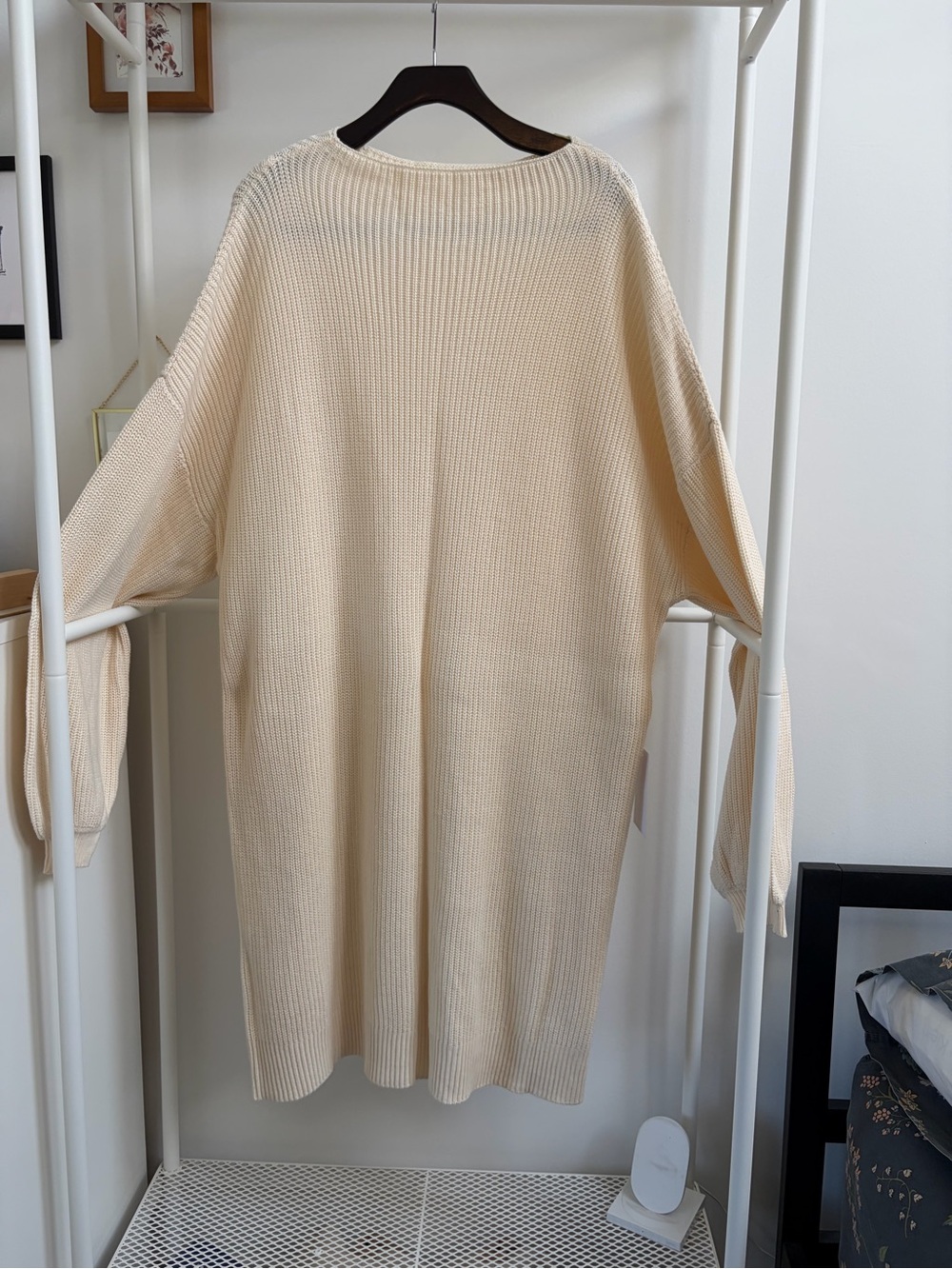 Cream Crewneck Ribbed Knit Sweater Dress